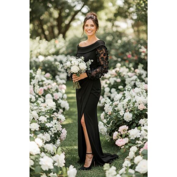 Xscape Dresses & Skirts - Xscape Black Floral Applique Long Sleeve Scuba Crepe Gown Size 12 $298